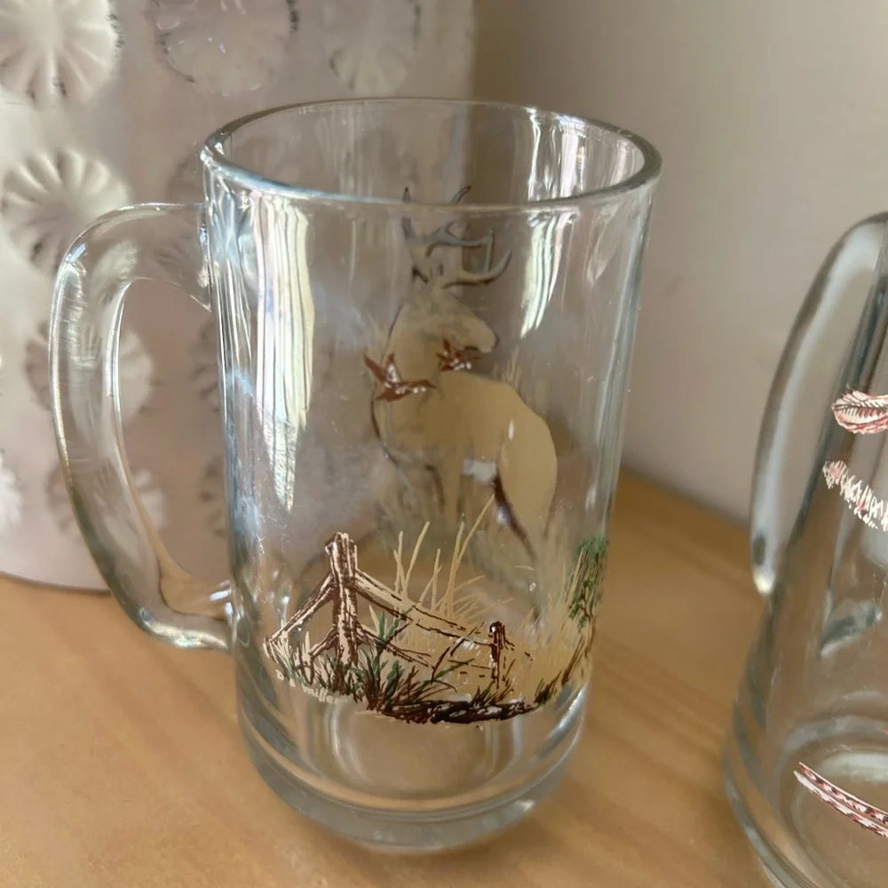 Vintage Hunting Wildlife Pheasant & Deer Set of 2 Glass Beer Mugs